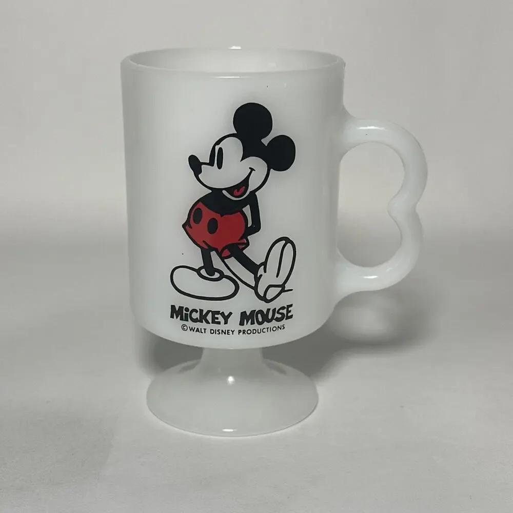 Mickey Mouse Coffee Cup Mug Footed Pedestal Walt Disney Vintage White Milk Glass